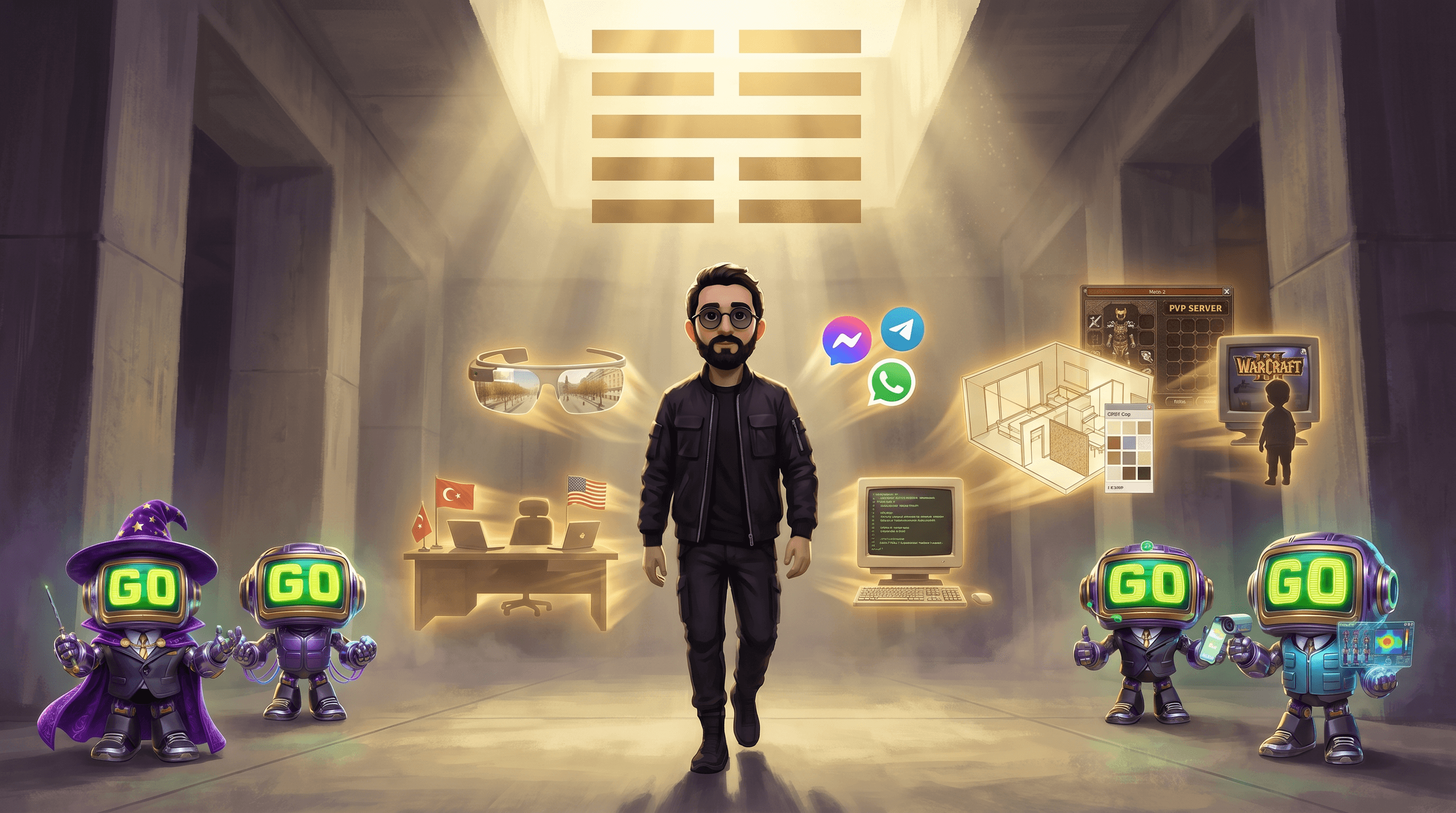 3D mascot scene of Atakan at his engineering workstation surrounded by four GOGOGO product GoBots