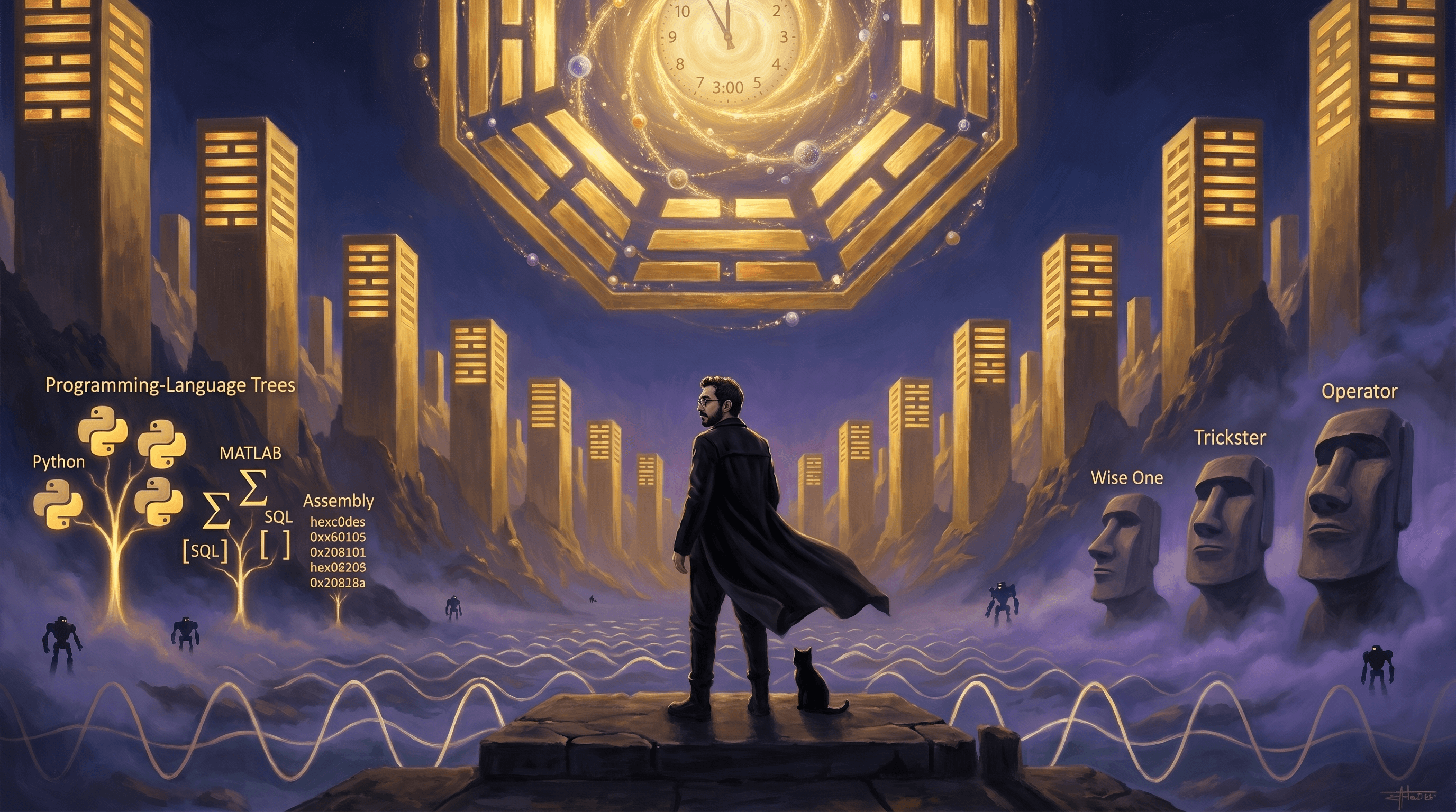3D mascot dreamscape of Atakan in all-black tech-philosopher attire, surrounded by symbolic motifs — code glyphs, I Ching hexagrams, archetype masks, frequency curves, a 3 AM clock, and the GoBot family
