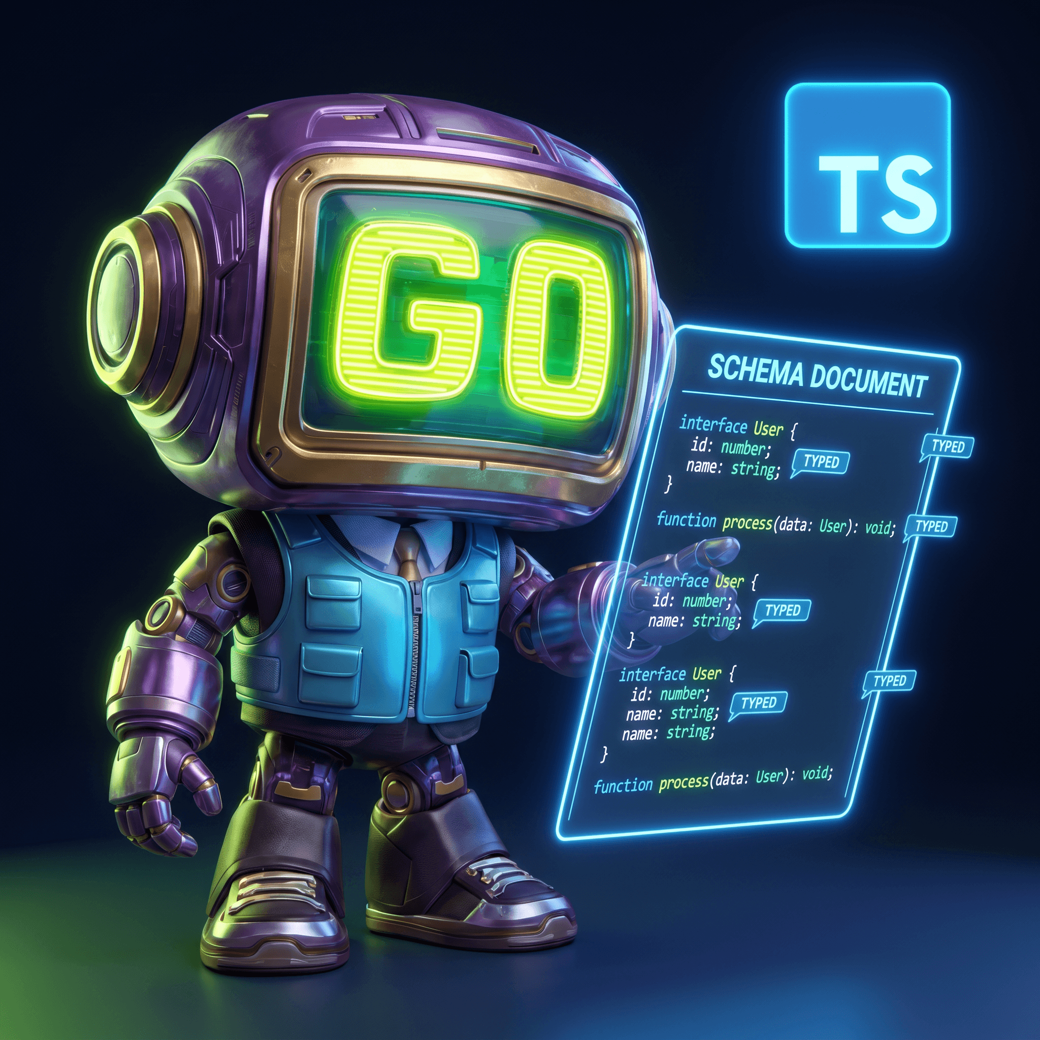 Mascot illustration · TypeScript everywhere