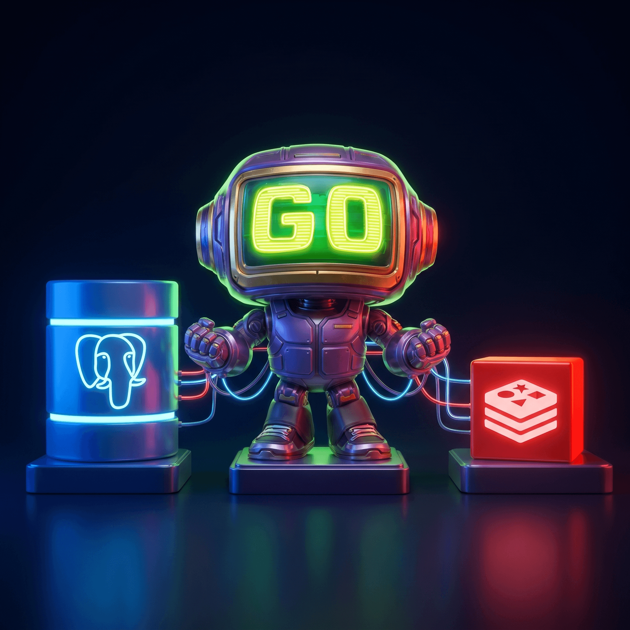 Mascot illustration · Postgres + Redis