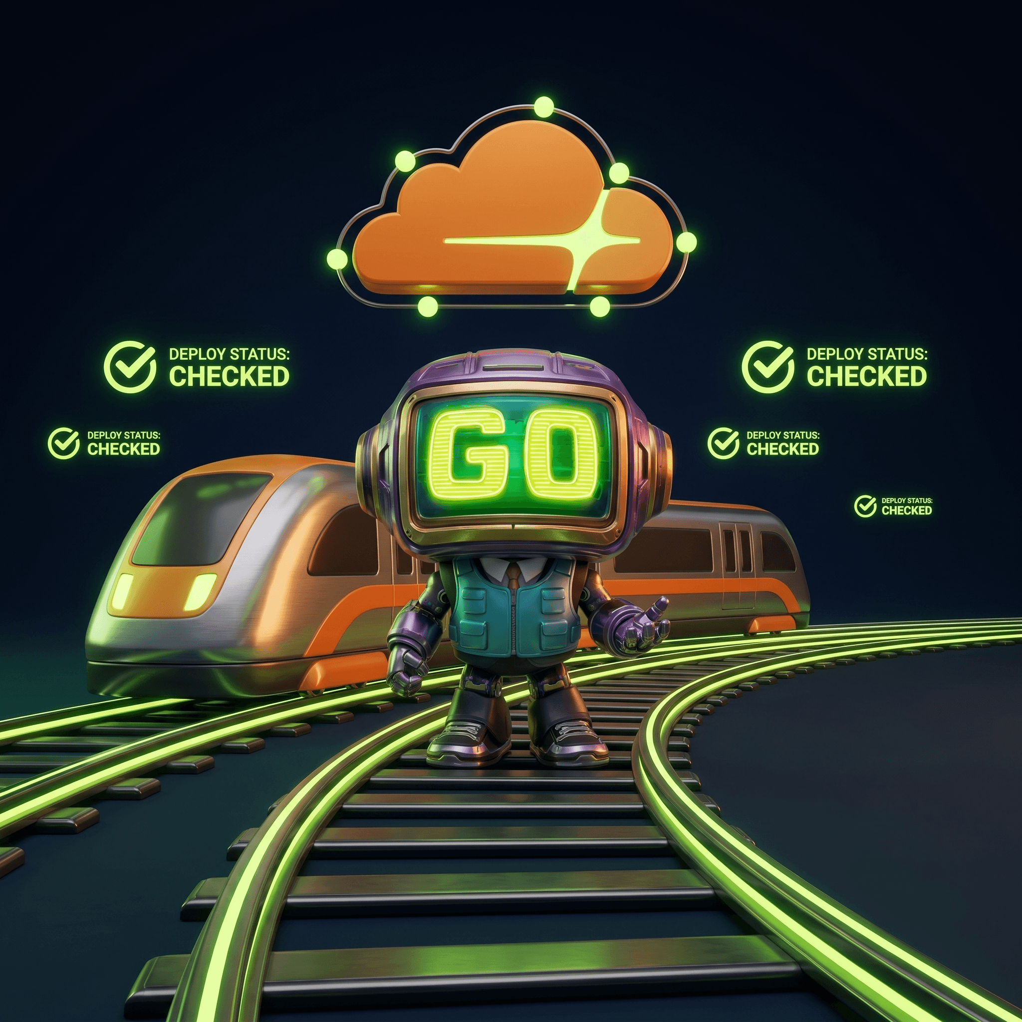 Mascot illustration · Railway + Cloudflare
