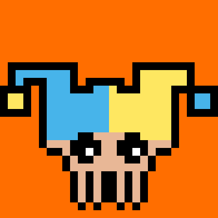ArcheMonsters #87: a small pixel-art monster in a blue and yellow jester's hat on an orange background.