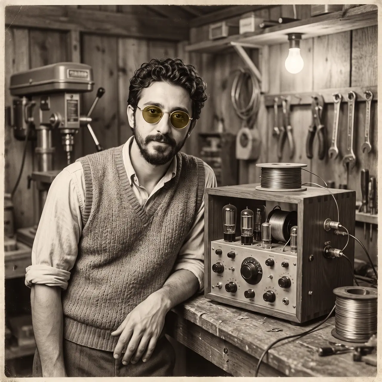 AI illustration in sepia: Atakan Özalan in a knitted vest leaning on a workbench next to a vacuum-tube prototype in a wooden workshop.