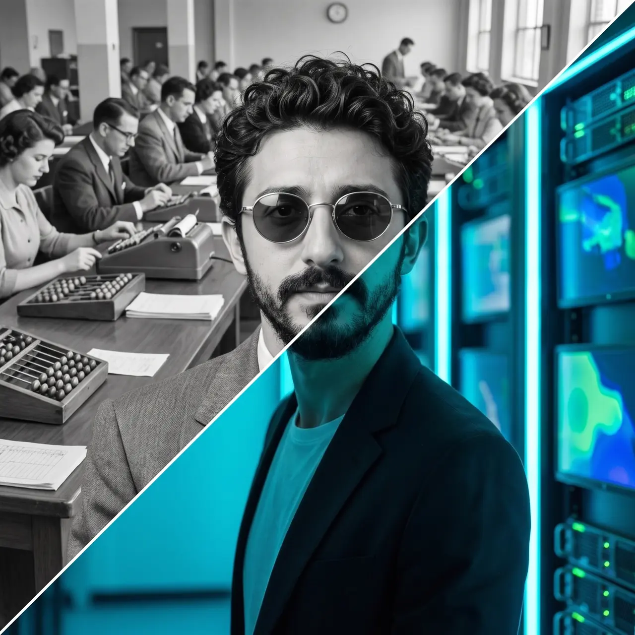 AI illustration split diagonally: a black-and-white hall of clerks with abacuses above, and Atakan Özalan in cyan light in front of GPU server racks below.