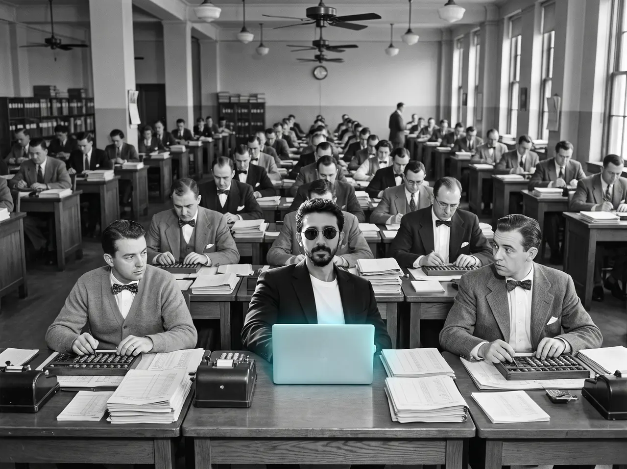 AI illustration in black and white: Atakan Özalan at a desk in a 1950s-style accounting hall, rows of clerks working on abacuses around him, his laptop the only glowing cyan object.