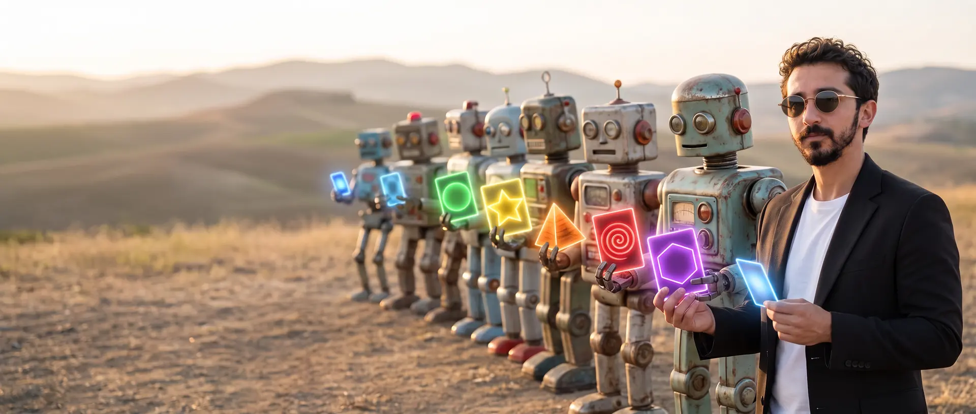 Wide AI illustration: a line of old robots on a hillside at dusk passing glowing cards along, each card a different shape, ending with Atakan Özalan.