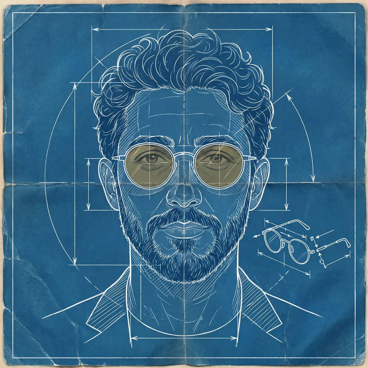 AI illustration styled as a cyanotype blueprint: a technical drawing of Atakan Özalan's face with dimension lines and an exploded view of his round glasses.