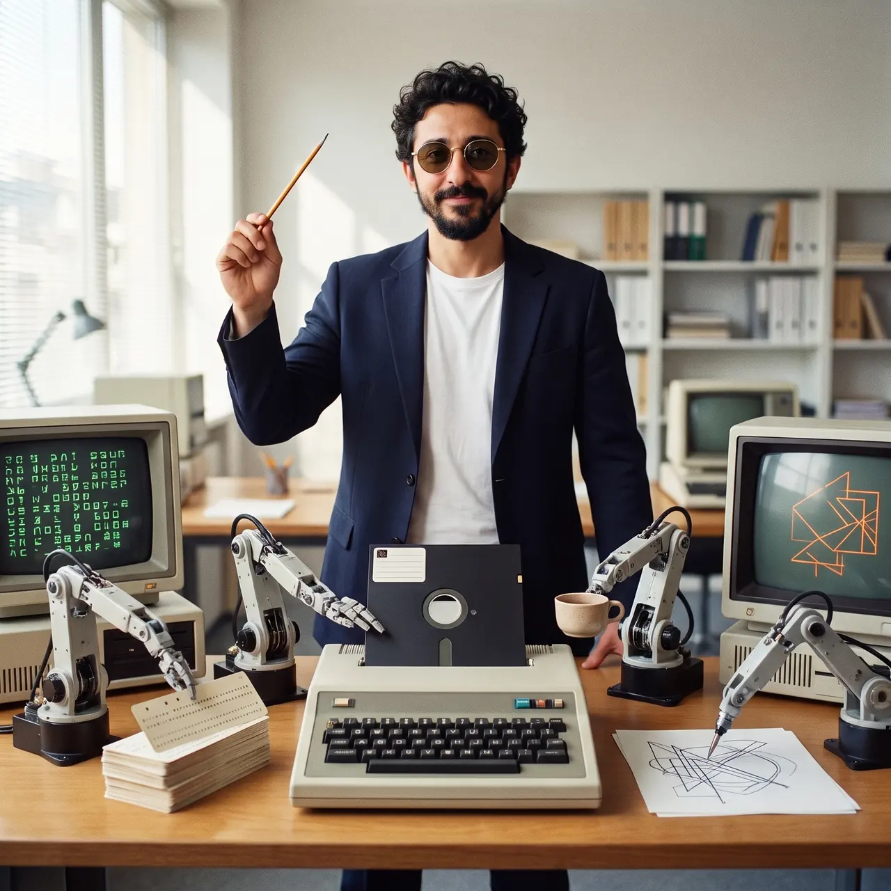 AI illustration: Atakan Özalan raising a pencil like a conductor's baton while small robot arms work on a desk around an old computer.