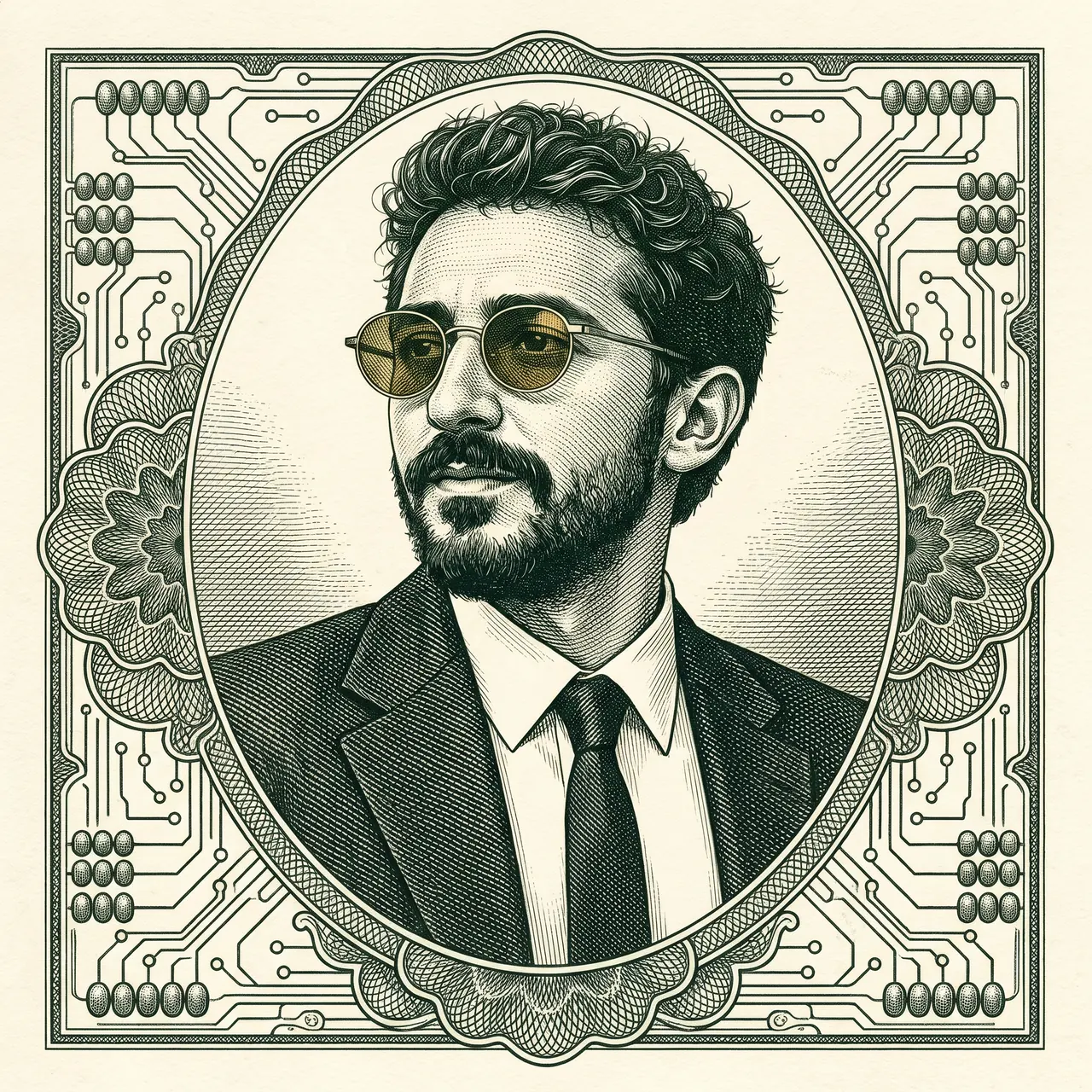 AI illustration styled as a steel engraving: a formal portrait of Atakan Özalan in suit and tie inside an oval frame whose border turns into circuit traces and abacus beads.