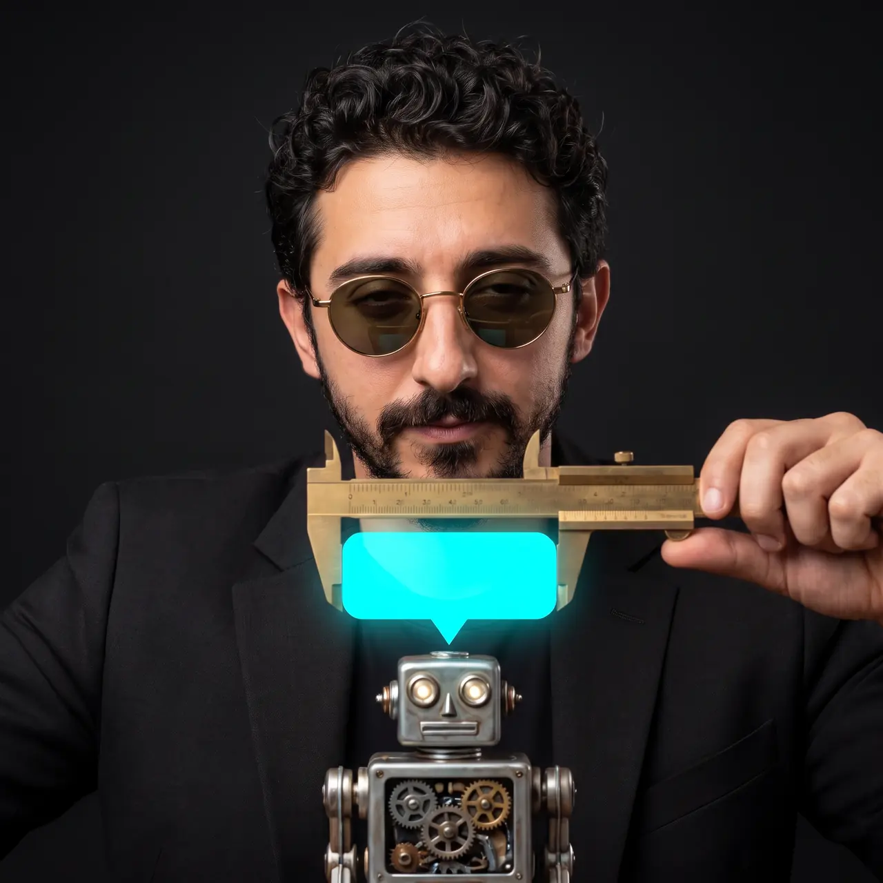 AI-generated portrait of Atakan Özalan, with curly hair, a beard and round gold-rimmed tinted glasses, measuring a glowing cyan speech bubble above a tin robot with brass calipers.