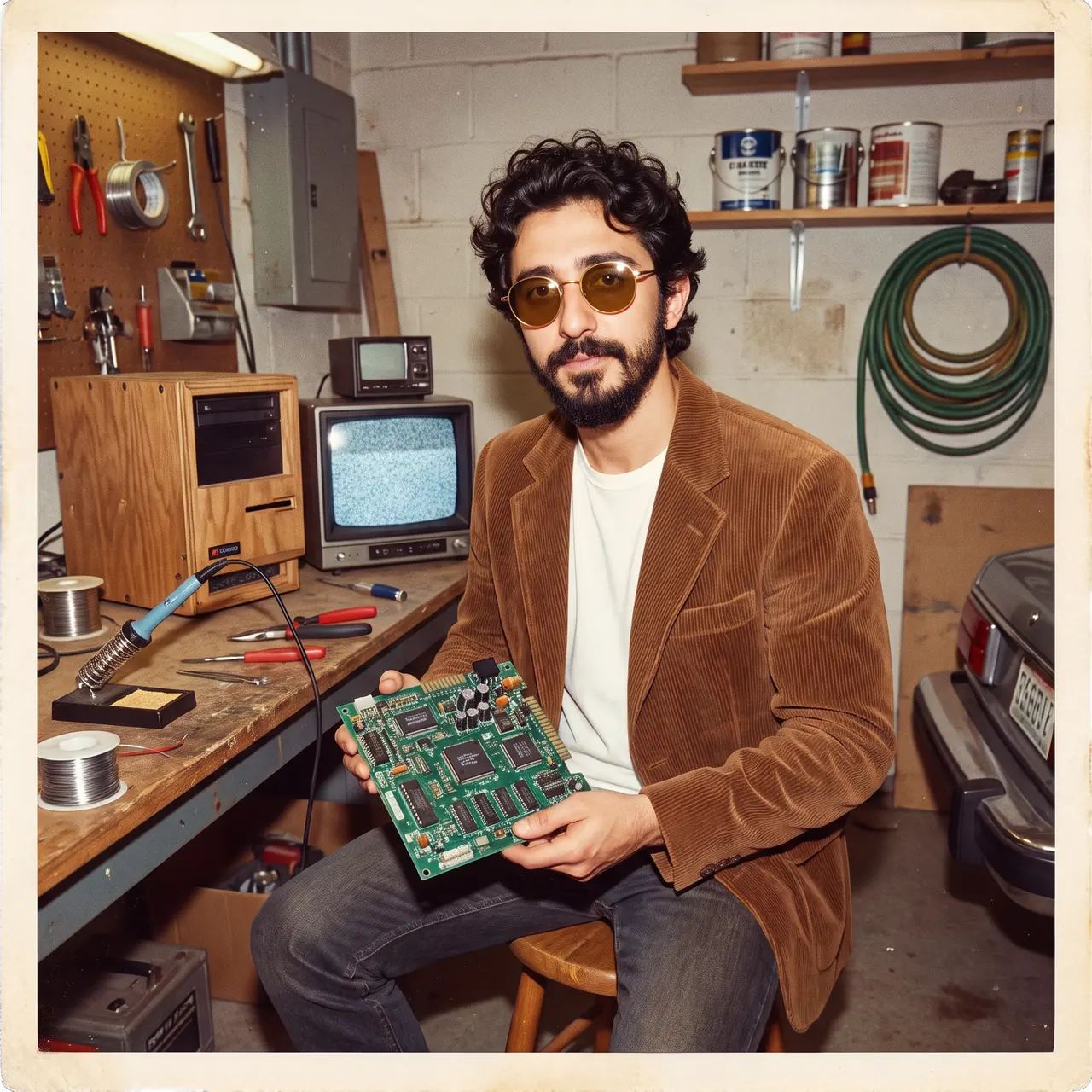 AI illustration styled as a 1970s snapshot: Atakan Özalan in a corduroy jacket in a family garage, holding a circuit board beside a workbench and a soldering iron.