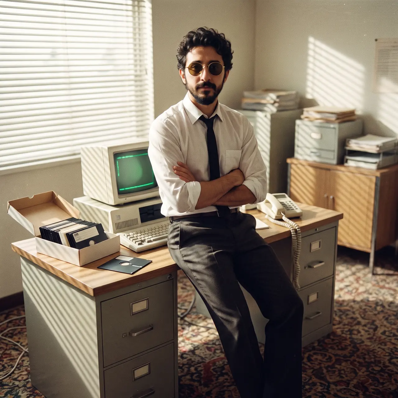 AI illustration styled as a 1980s office photo: Atakan Özalan, arms folded, sitting on a desk built on filing cabinets, with a green-screen computer and a box of floppy disks.