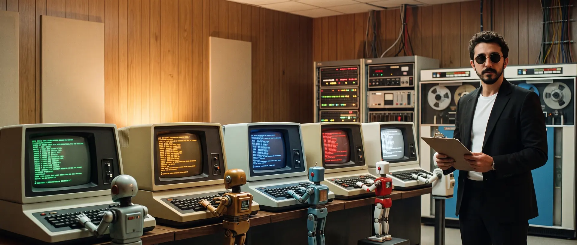Wide AI illustration: Atakan Özalan holding a clipboard beside five vintage computers, each operated by a small robot and each showing text in a different colour.