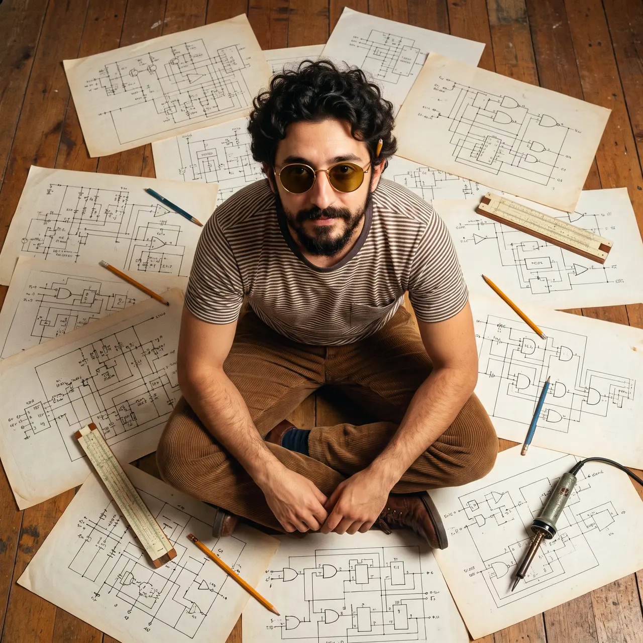 AI illustration seen from above: Atakan Özalan sitting cross-legged on a wooden floor covered in hand-drawn logic schematics, with pencils, slide rules and a soldering iron.