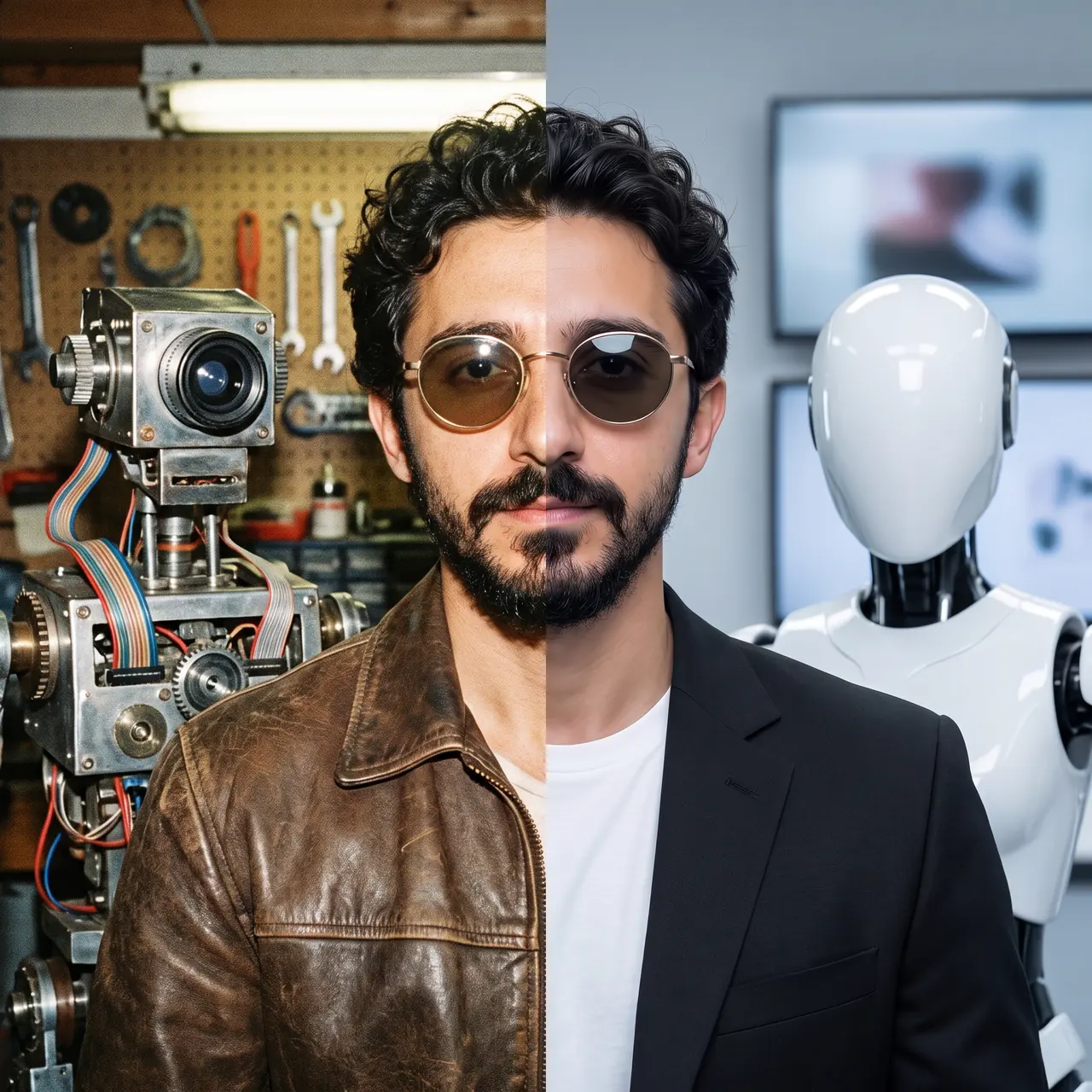 AI illustration split down the middle: Atakan Özalan in a leather jacket beside a homemade garage robot on the left, in a black blazer beside a white humanoid robot on the right.