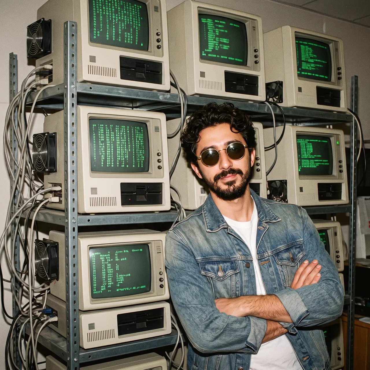 AI illustration: Atakan Özalan in a denim jacket, arms crossed, in front of metal shelves stacked with beige computers running green text.