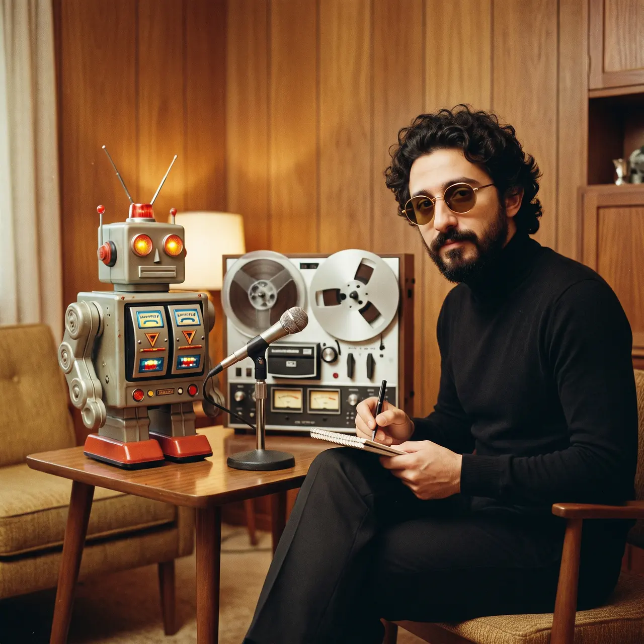 AI illustration styled as a 1970s photo: Atakan Özalan in a black turtleneck taking notes while interviewing a tin robot in front of a microphone and a reel-to-reel recorder.