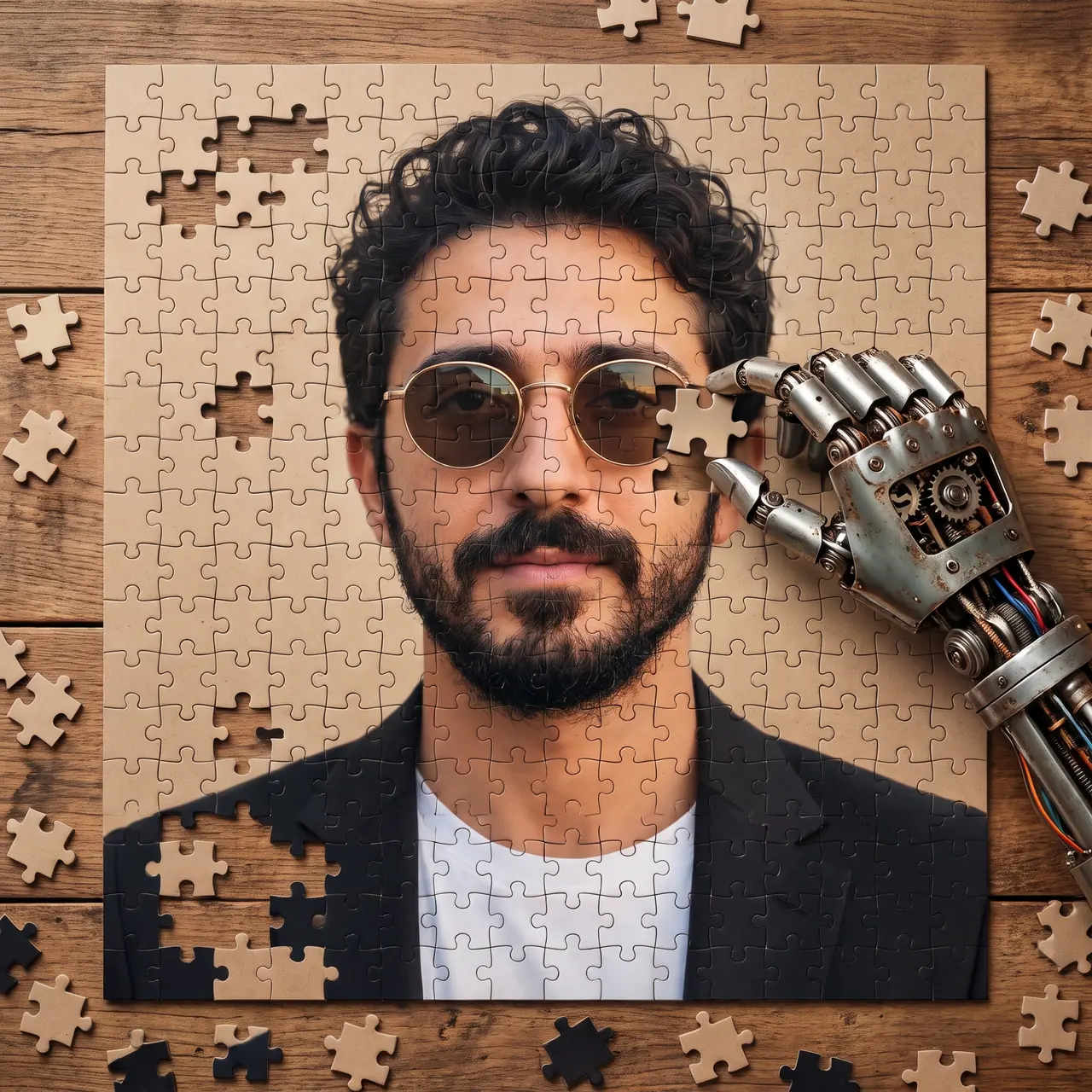 AI illustration: a jigsaw-puzzle portrait of Atakan Özalan on a wooden table, with a metal robot hand placing one of the last pieces.