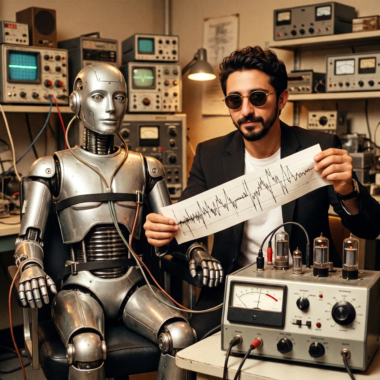 AI illustration styled as a 1970s photo: Atakan Özalan holding a polygraph chart next to a silver humanoid robot wired to a vintage lie-detector machine.