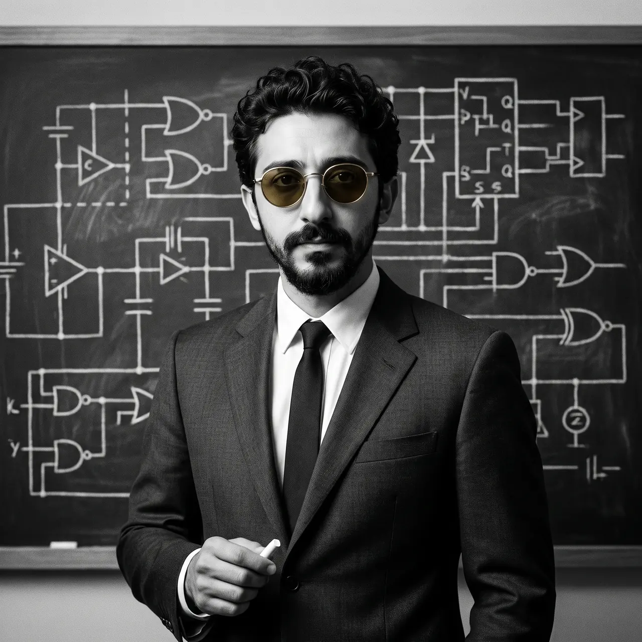 AI illustration in black and white: Atakan Özalan in a dark suit and tie holding chalk in front of a blackboard of logic-gate diagrams.
