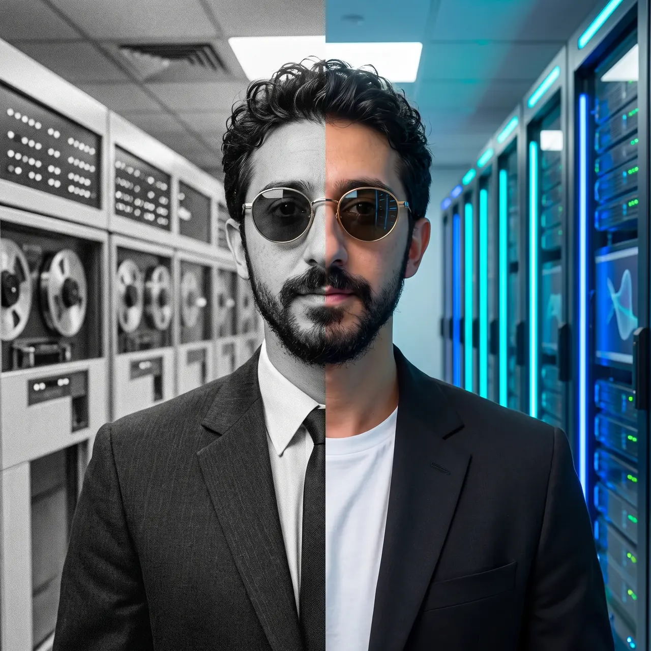 AI illustration split down the middle: the left half of Atakan Özalan's face in a black-and-white 1960s-style mainframe room, the right half in colour in a modern data centre.