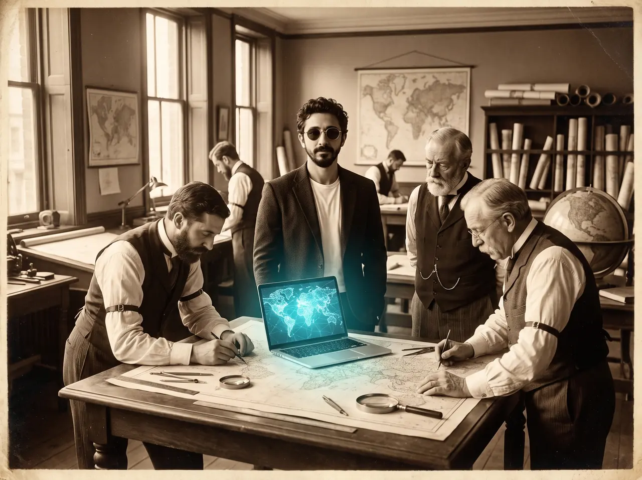 AI illustration in sepia: cartographers bent over a map table in an 1890s-style map room, Atakan Özalan standing behind a laptop that shows a glowing world map.