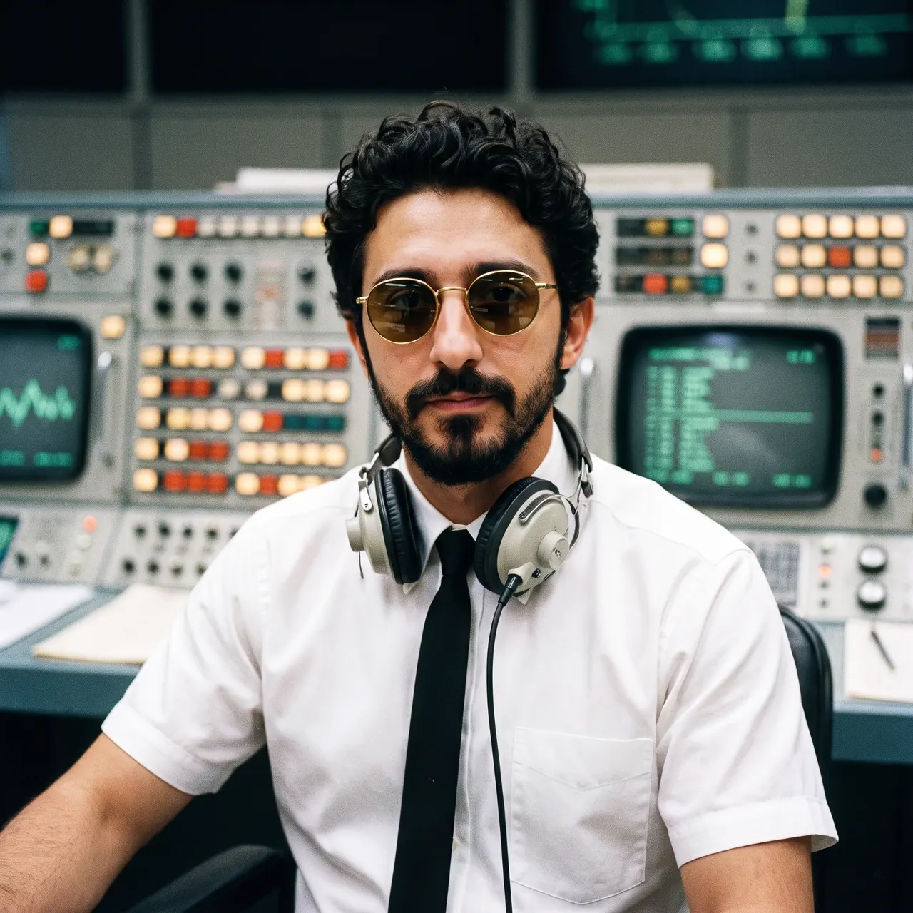 AI illustration styled as a 1960s photo: Atakan Özalan in a white short-sleeved shirt and black tie, headphones around his neck, at a control-room console.