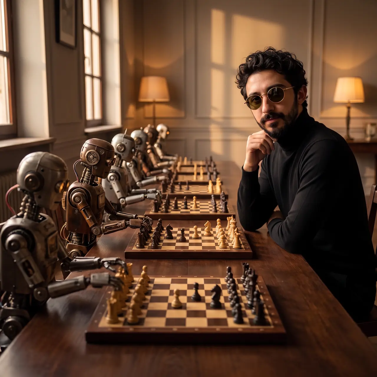 AI illustration: Atakan Özalan in a black turtleneck at the end of a long table where a row of robots play chess against him on separate boards.