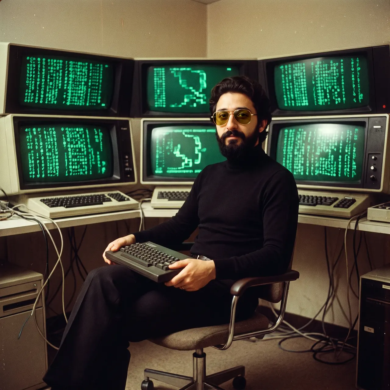 AI illustration styled as a 1970s photo: Atakan Özalan in a black turtleneck holding a keyboard in front of six green-screen terminals.