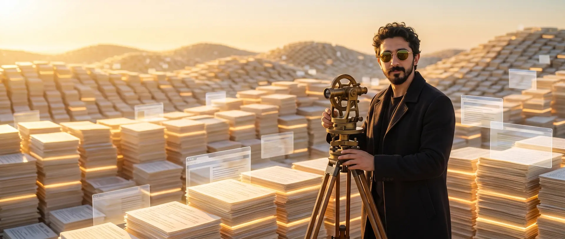 Wide AI illustration: Atakan Özalan with a brass surveyor's theodolite on a landscape made of stacked glowing pages at sunrise.
