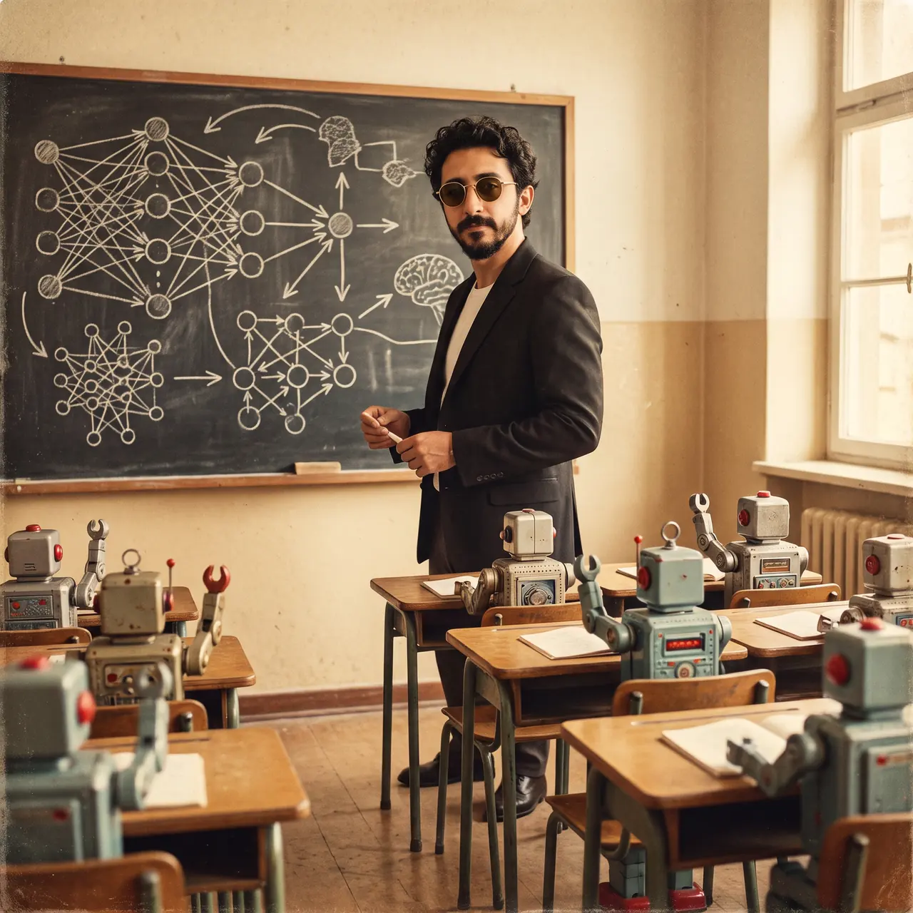 AI illustration: Atakan Özalan at a blackboard of neural-network diagrams, teaching a classroom of small tin robots at school desks.