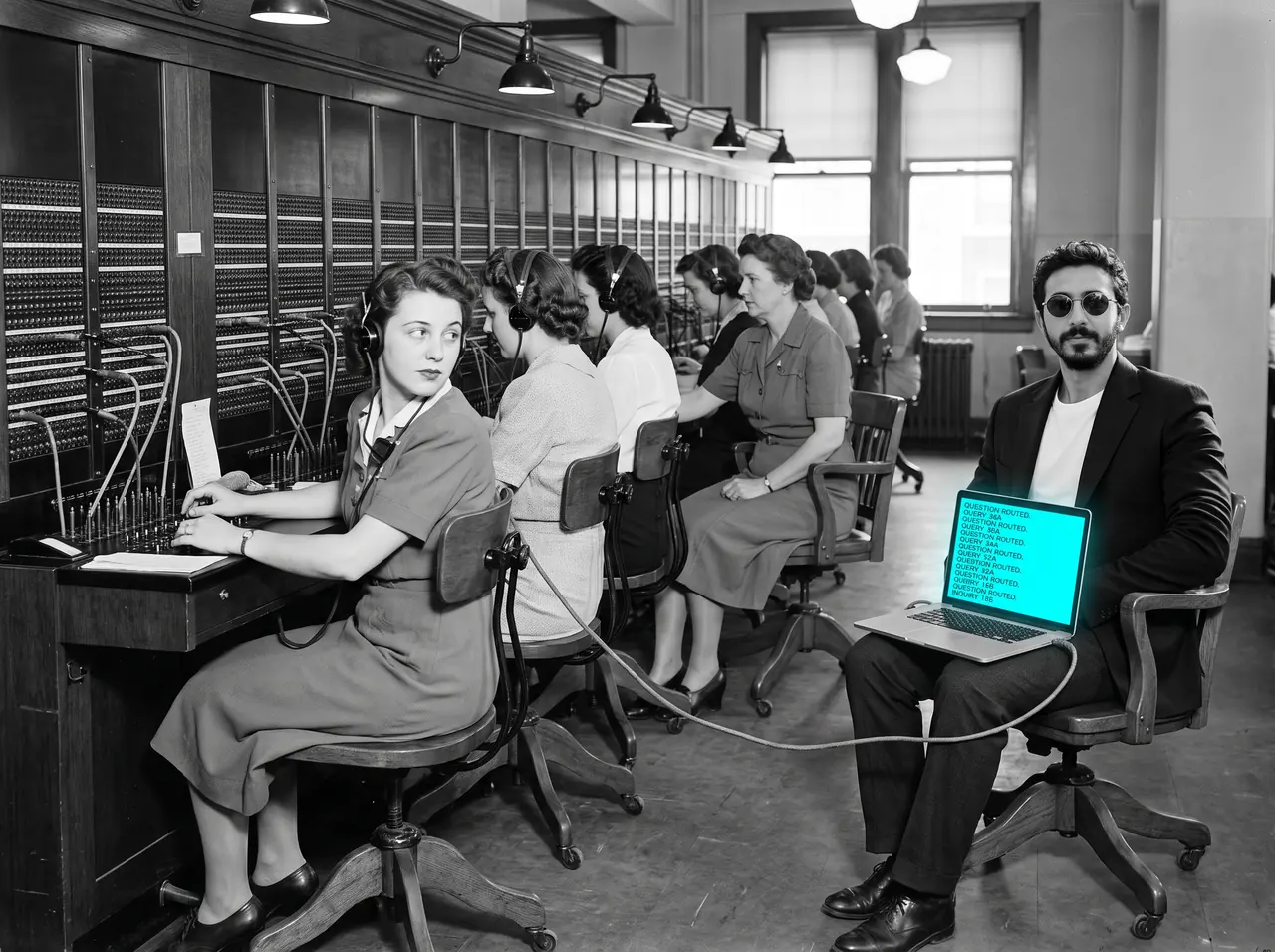 AI illustration in black and white: telephone operators at a 1940s-style switchboard, and Atakan Özalan in a chair with one patch cord running into his laptop.