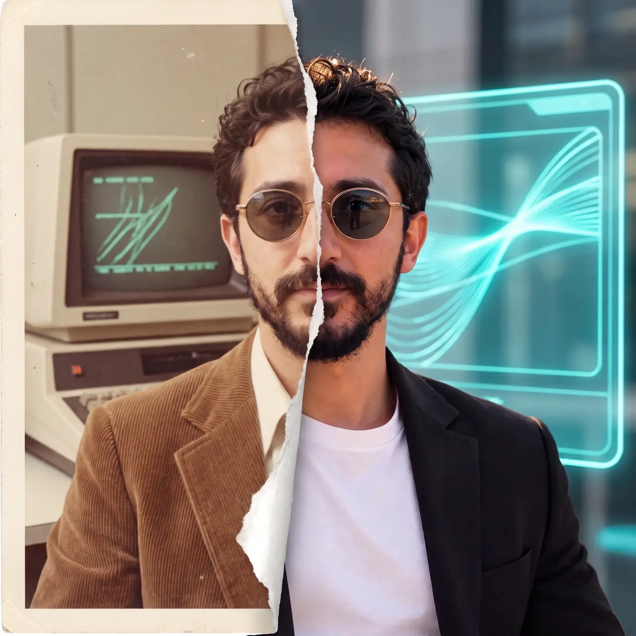 AI illustration: a torn photograph of Atakan Özalan, the left half a faded 1970s-style print in a corduroy jacket by an old terminal, the right half modern with a glowing screen.