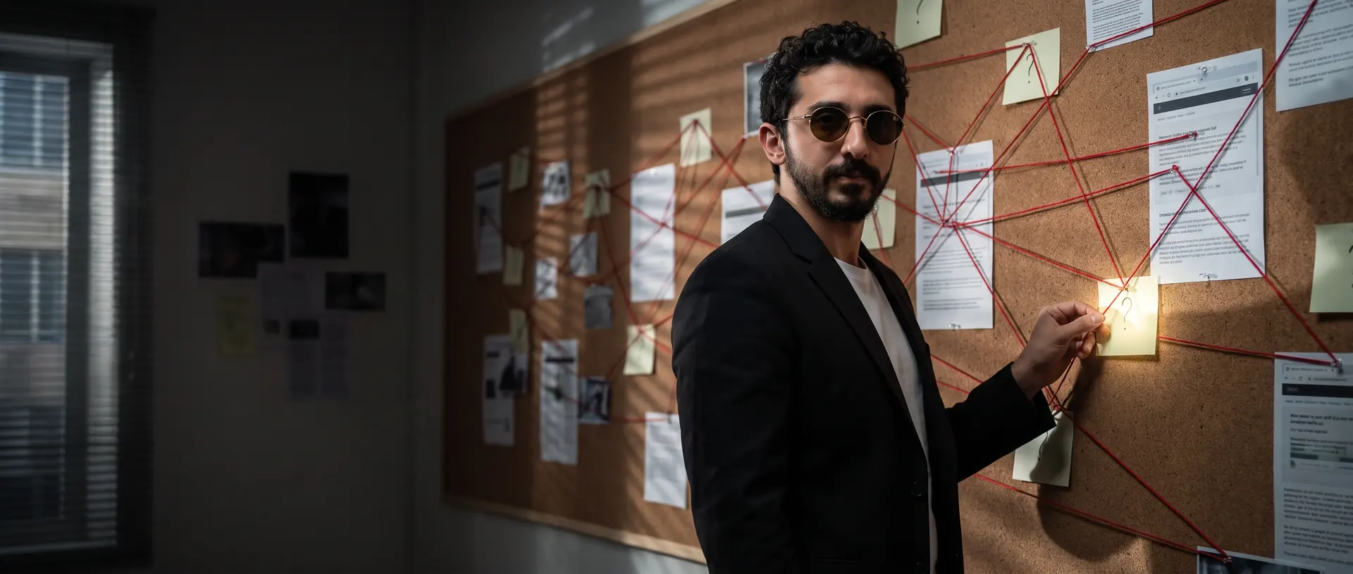 Wide AI illustration: Atakan Özalan pinning red string between printed pages on a cork board in a dim office.