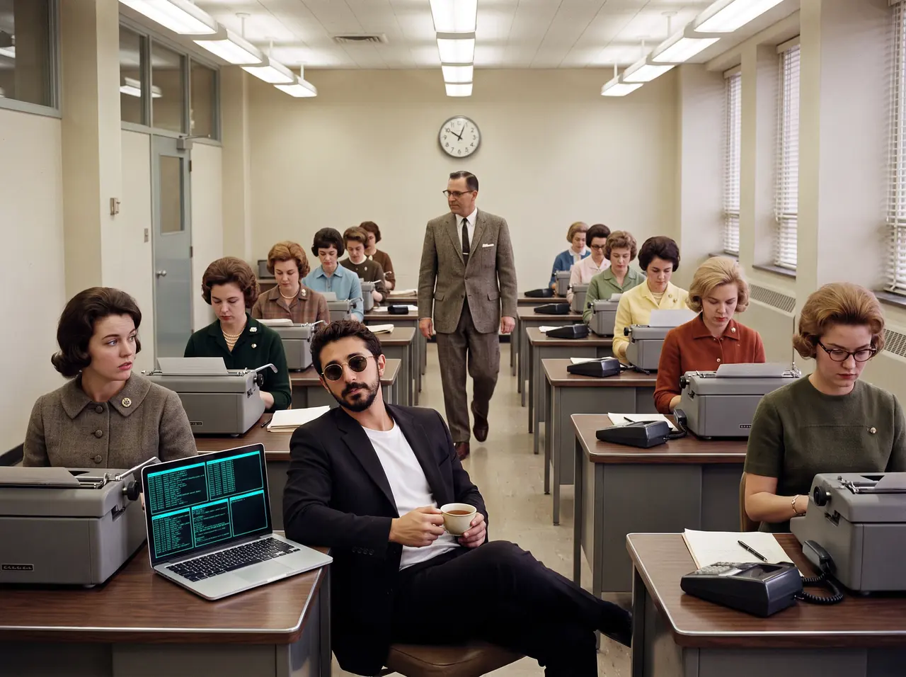 AI illustration in 1960s colour: Atakan Özalan leans back with a cup of tea in a typing pool while five terminal windows on his laptop work by themselves.