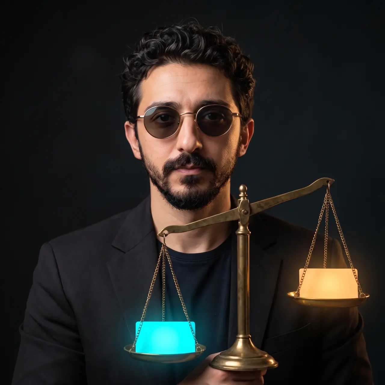 AI illustration: Atakan Özalan holding a brass balance scale with a glowing cyan card on one pan and an amber card on the other.